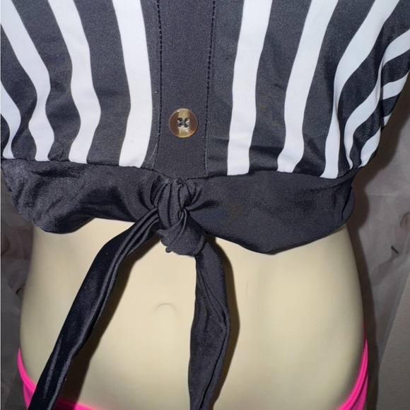 Coral Reef Traveler Tankini Top Black/White Stripe Faux Buttons, Tie Front M - Picture 4 of 12